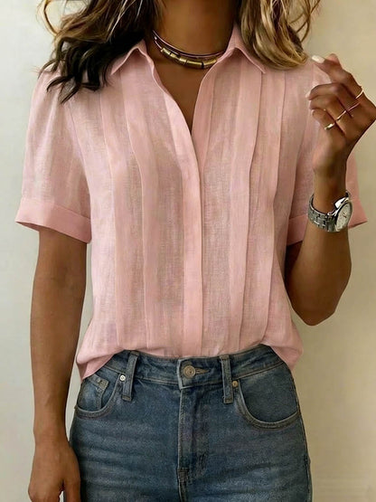 Femme Blouse Manches Courtes avec Col et Plis Verticaux