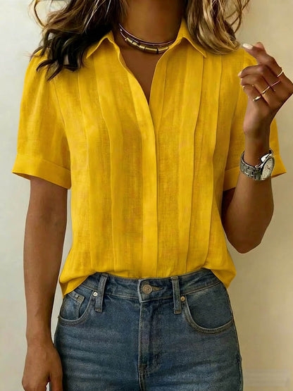 Femme Blouse Manches Courtes avec Col et Plis Verticaux
