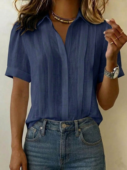 Femme Blouse Manches Courtes avec Col et Plis Verticaux