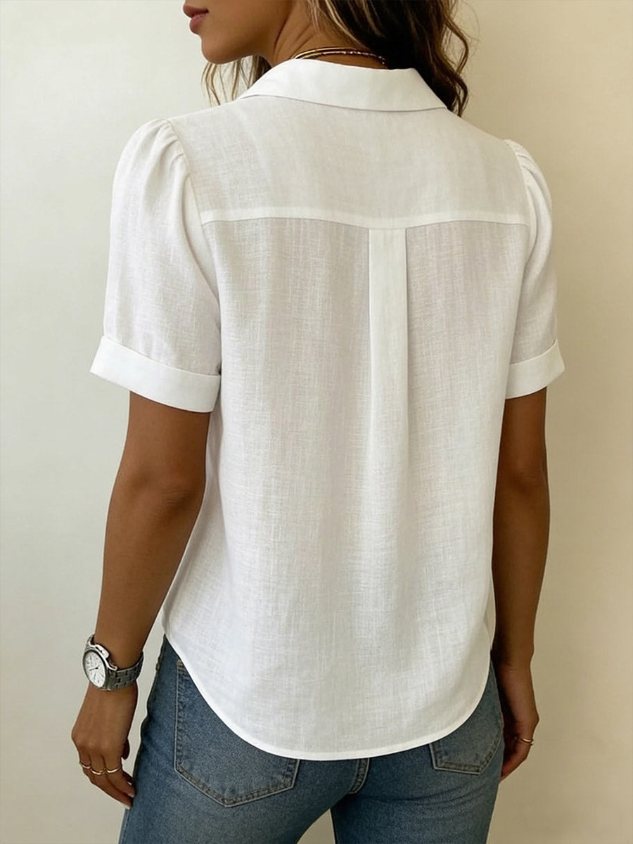 Femme Blouse Manches Courtes avec Col et Plis Verticaux