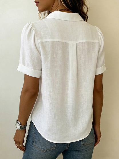 Femme Blouse Manches Courtes avec Col et Plis Verticaux
