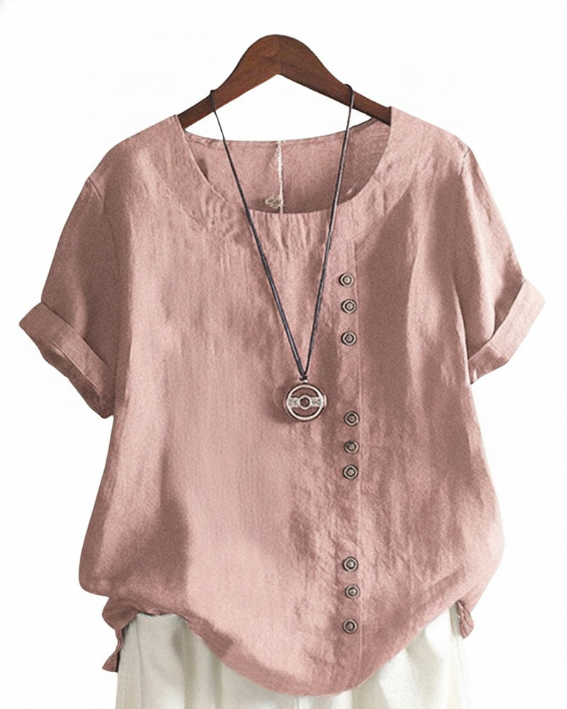 Femme Blouse Manches Courtes avec Col Rond et Boutons