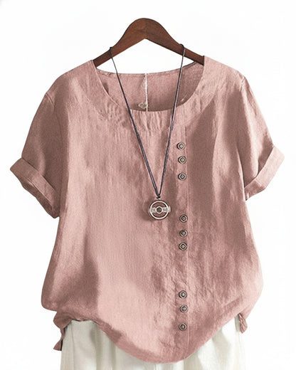 Femme Blouse Manches Courtes avec Col Rond et Boutons
