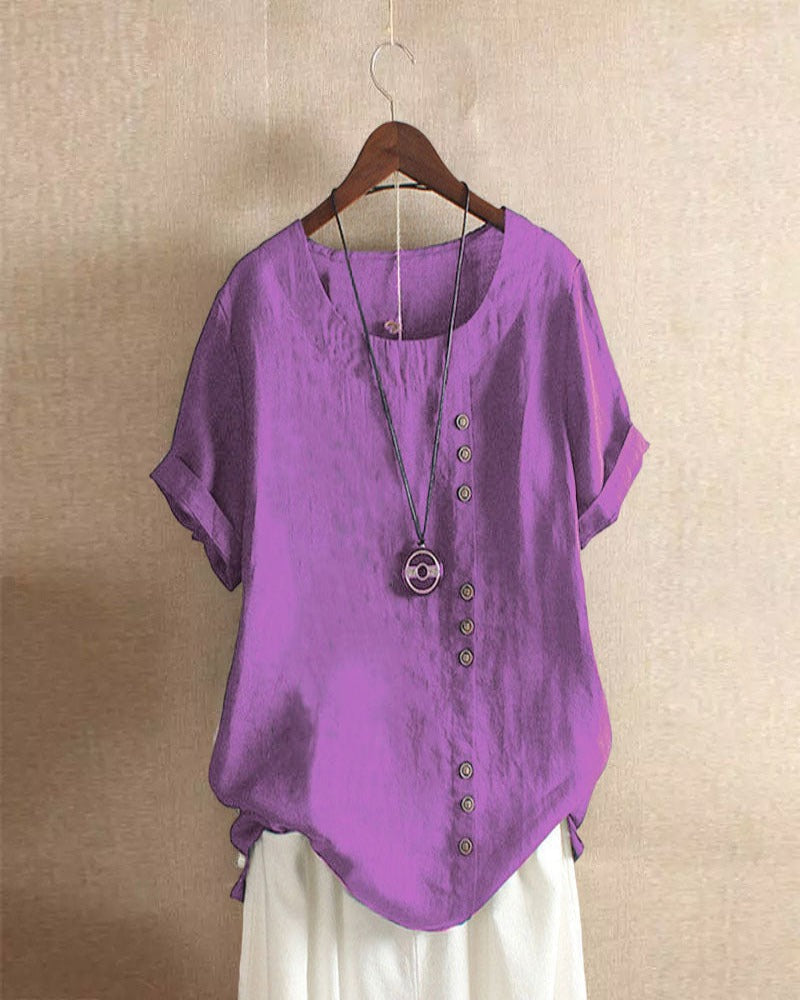 Femme Blouse Manches Courtes avec Col Rond et Boutons