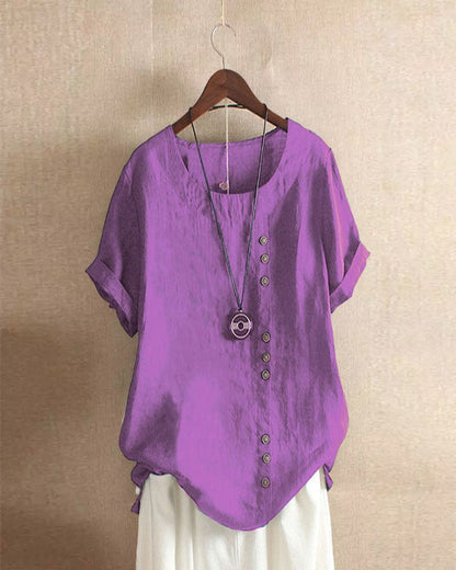 Femme Blouse Manches Courtes avec Col Rond et Boutons