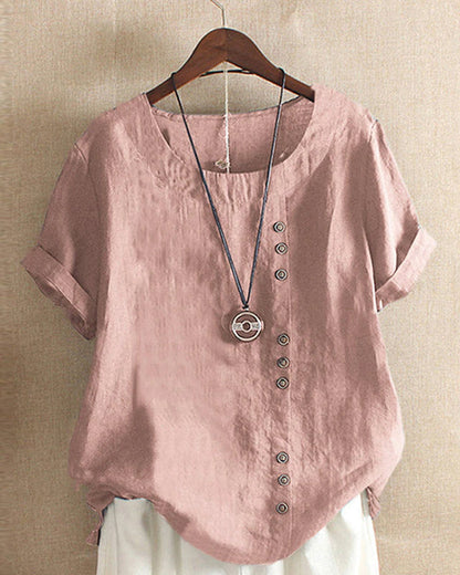 Femme Blouse Manches Courtes avec Col Rond et Boutons