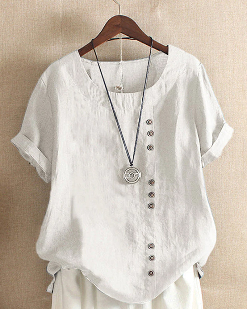 Femme Blouse Manches Courtes avec Col Rond et Boutons