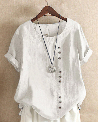 Femme Blouse Manches Courtes avec Col Rond et Boutons