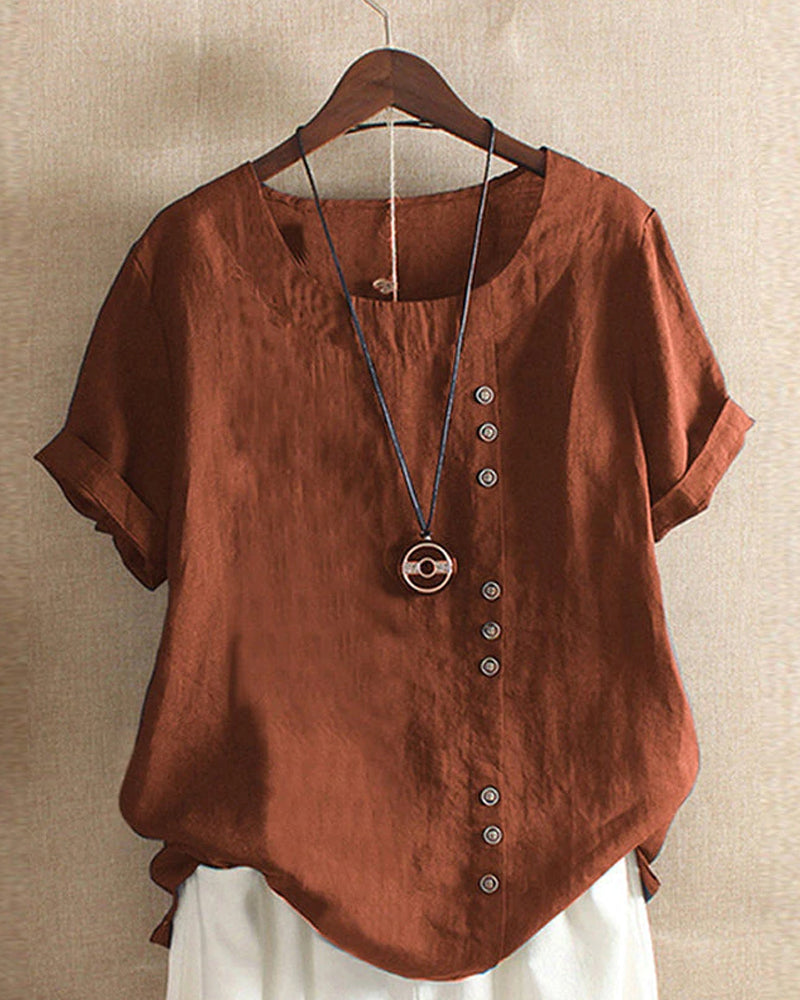 Femme Blouse Manches Courtes avec Col Rond et Boutons