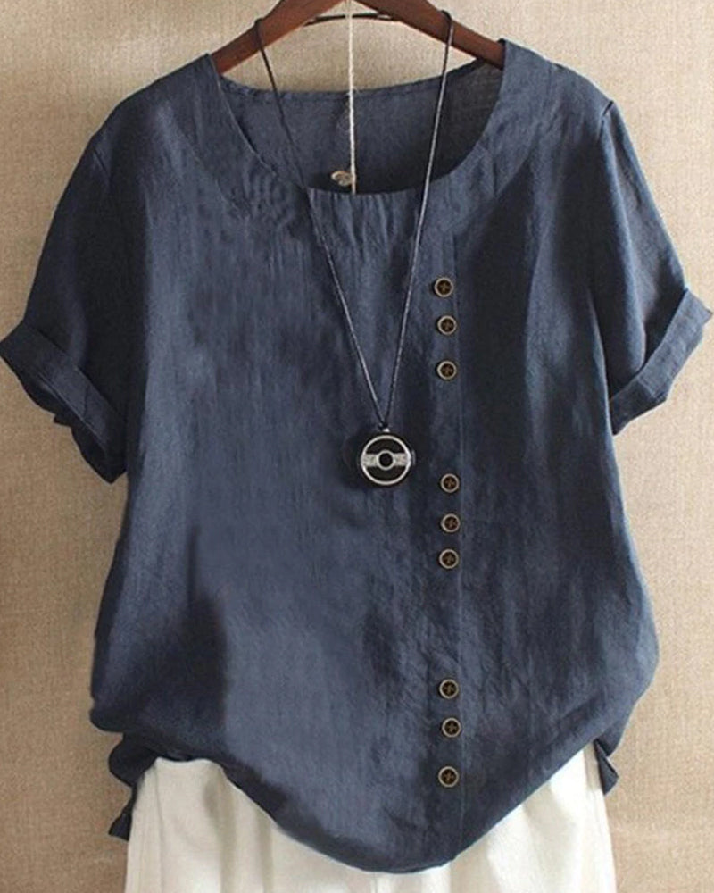 Femme Blouse Manches Courtes avec Col Rond et Boutons