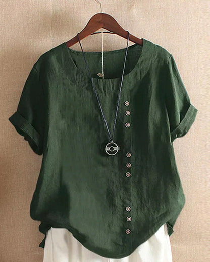 Femme Blouse Manches Courtes avec Col Rond et Boutons