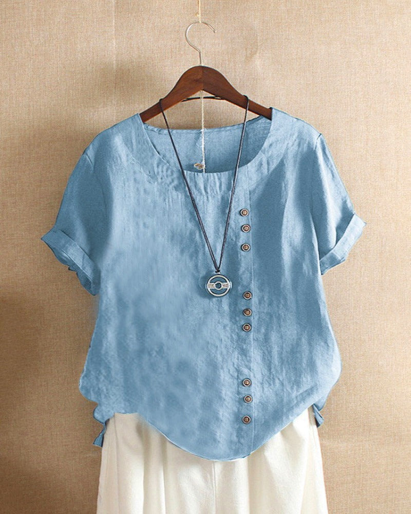Femme Blouse Manches Courtes avec Col Rond et Boutons