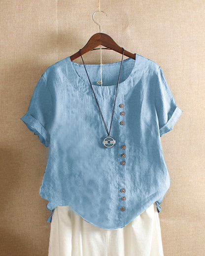 Femme Blouse Manches Courtes avec Col Rond et Boutons