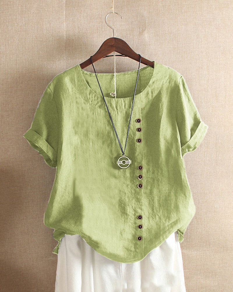 Femme Blouse Manches Courtes avec Col Rond et Boutons