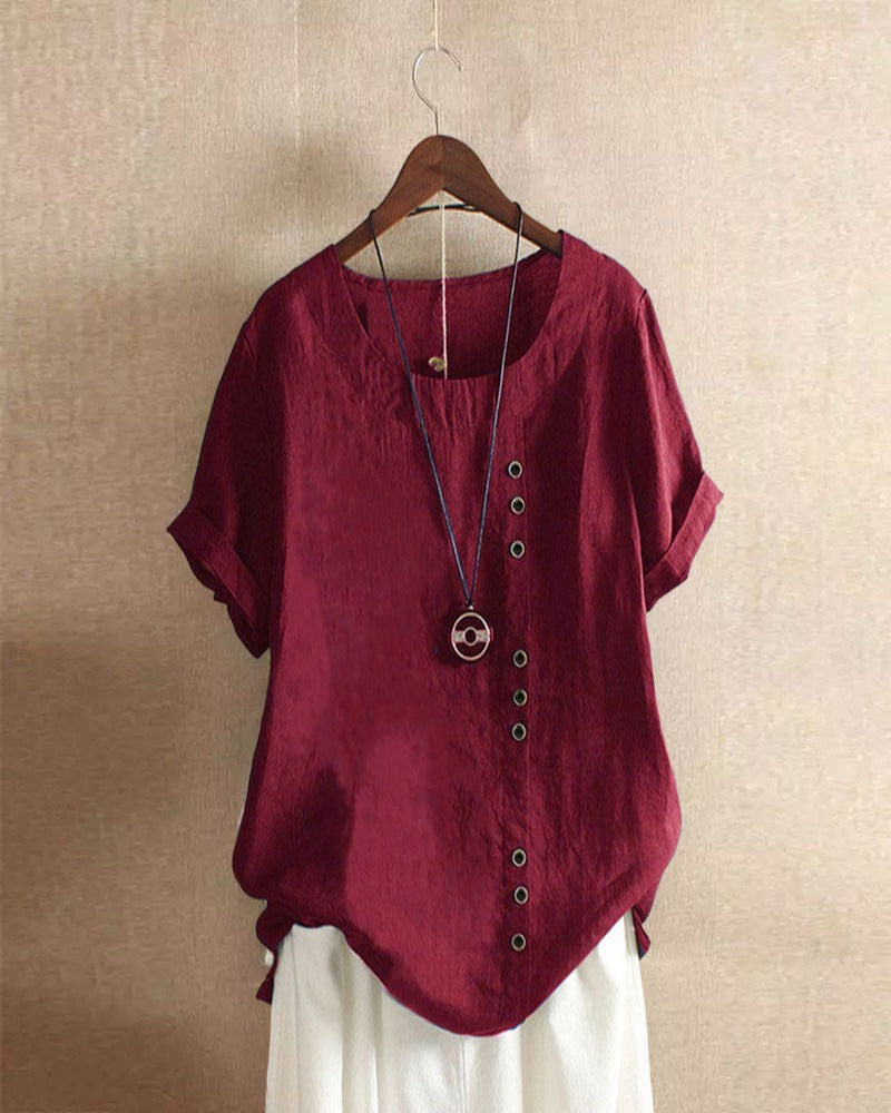 Femme Blouse Manches Courtes avec Col Rond et Boutons