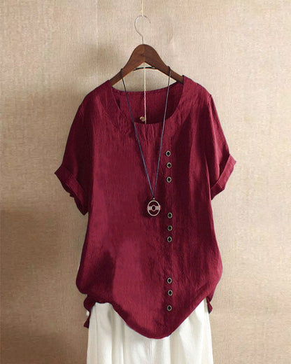 Femme Blouse Manches Courtes avec Col Rond et Boutons