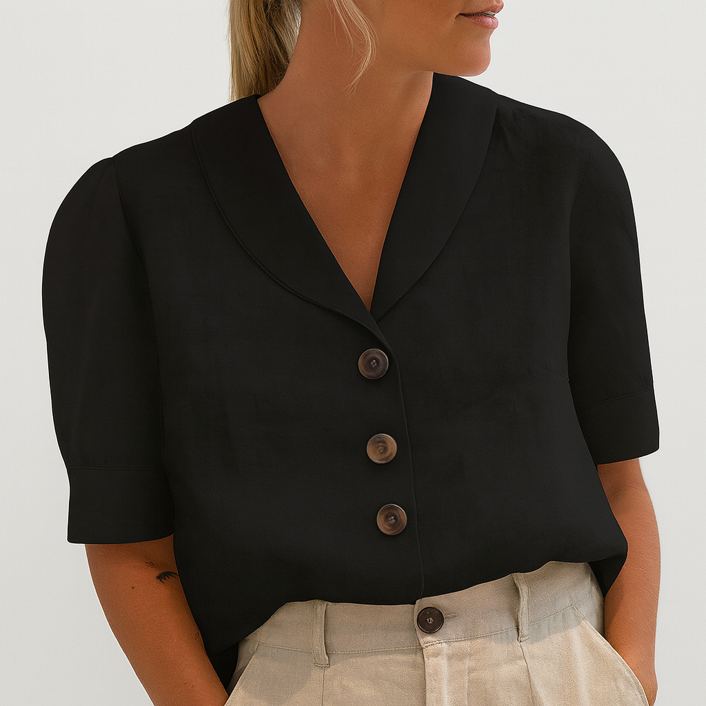 Femme Blouse Manches Courtes avec Col V et Boutonnière Coupe Décontractée