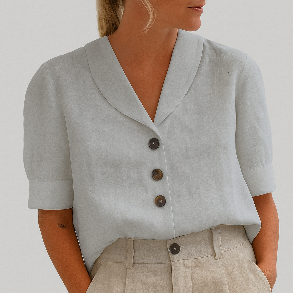 Femme Blouse Manches Courtes avec Col V et Boutonnière Coupe Décontractée