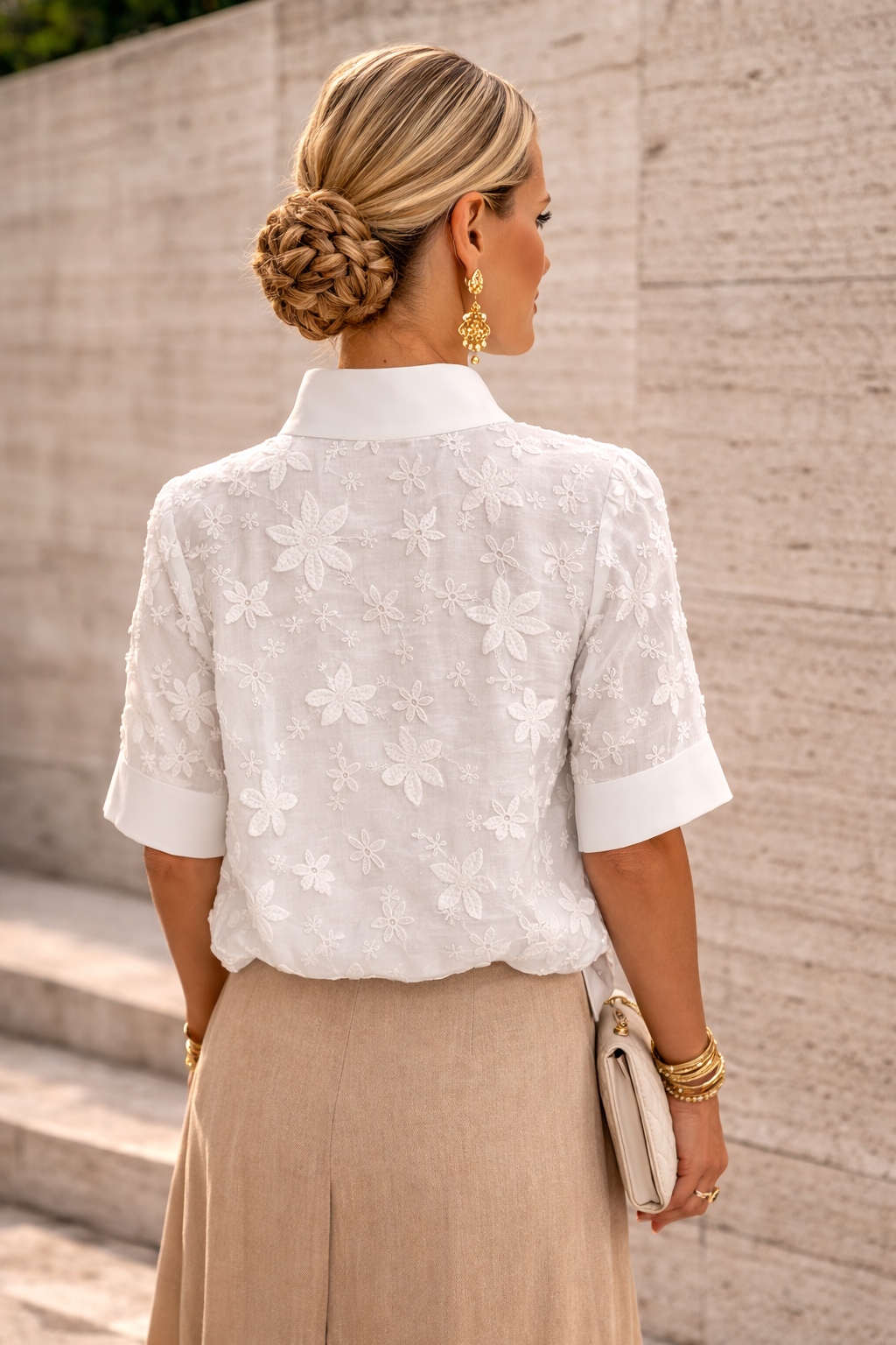 Femme Blouse Manches Courtes Col Montant avec Broderie Florale