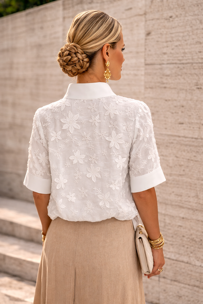 Femme Blouse Manches Courtes Col Montant avec Broderie Florale