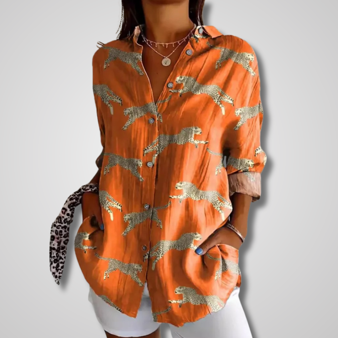 Femme Blouse Manches Longues à Col V et Imprimé Fantaisie
