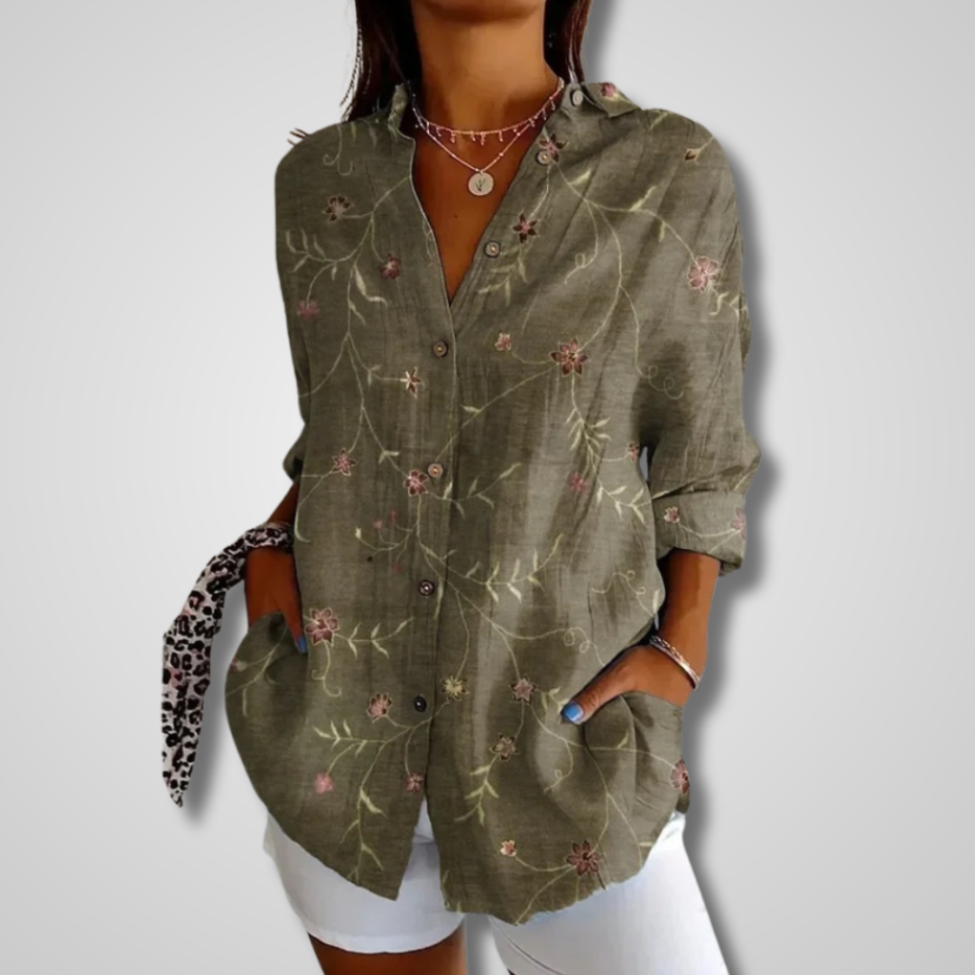 Femme Blouse Manches Longues à Col V et Imprimé Fantaisie