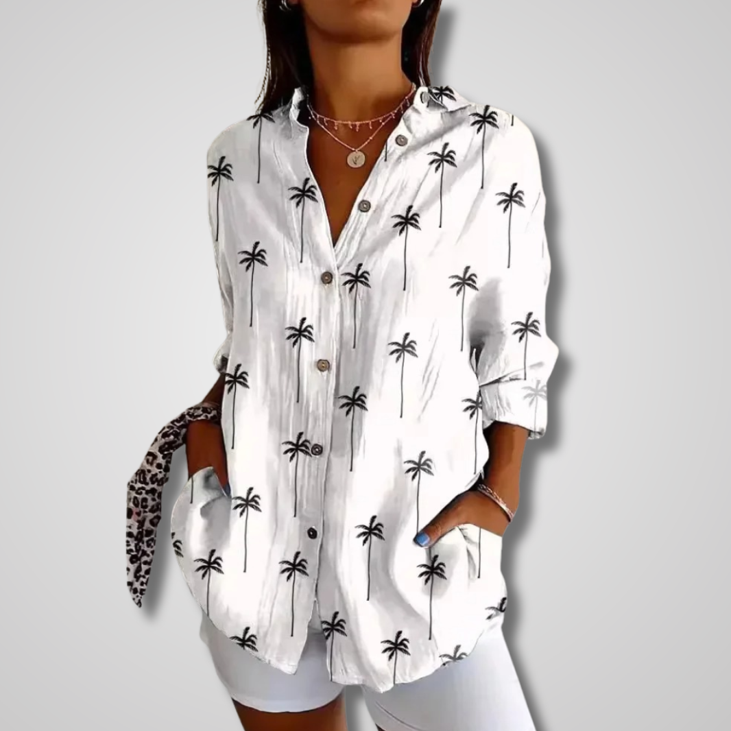 Femme Blouse Manches Longues à Col V et Imprimé Fantaisie