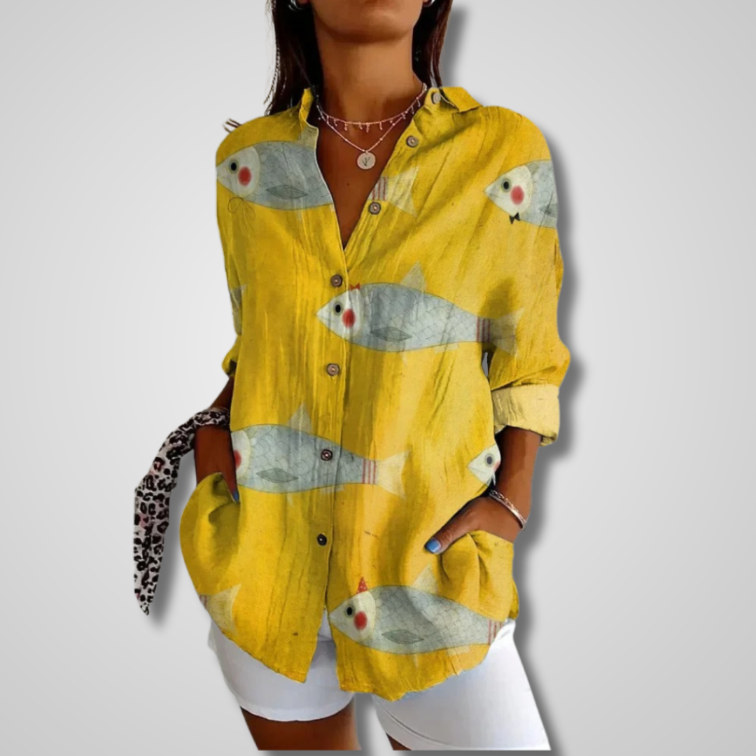 Femme Blouse Manches Longues à Col V et Imprimé Fantaisie