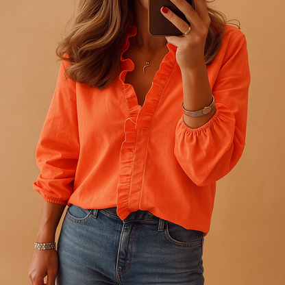Femme Blouse Manches Longues à Volants avec Col en V