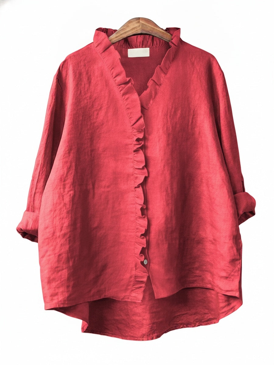 Femme Blouse Manches Longues à Volants col en V Oversize avec Boutons