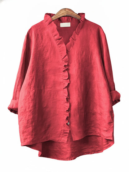 Femme Blouse Manches Longues à Volants col en V Oversize avec Boutons