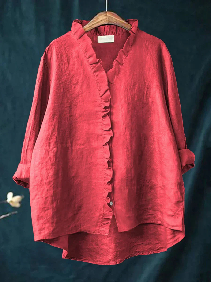 Femme Blouse Manches Longues à Volants col en V Oversize avec Boutons