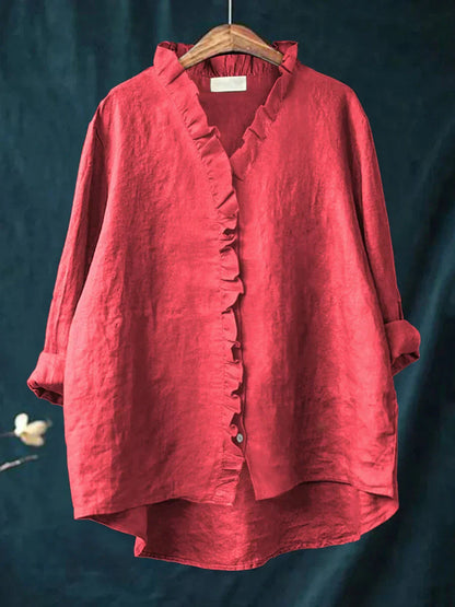 Femme Blouse Manches Longues à Volants col en V Oversize avec Boutons