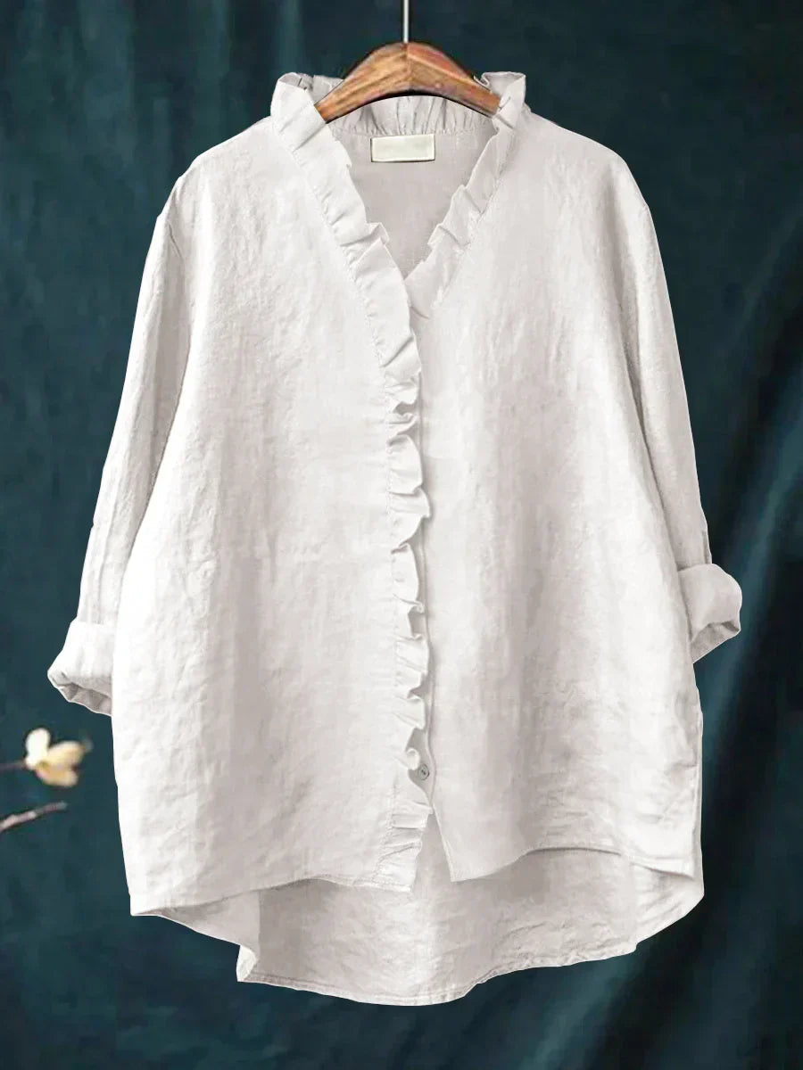 Femme Blouse Manches Longues à Volants col en V Oversize avec Boutons