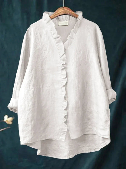 Femme Blouse Manches Longues à Volants col en V Oversize avec Boutons