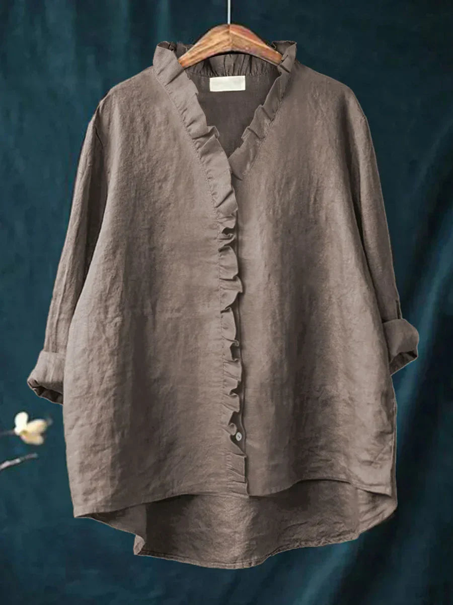 Femme Blouse Manches Longues à Volants col en V Oversize avec Boutons