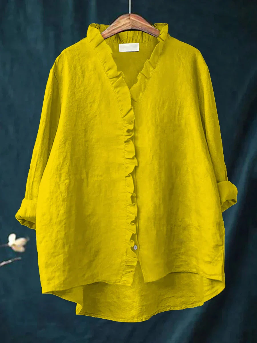 Femme Blouse Manches Longues à Volants col en V Oversize avec Boutons