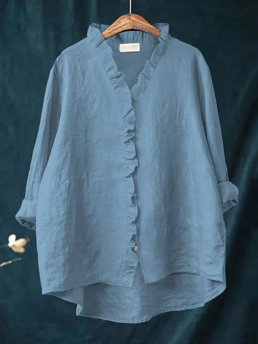Femme Blouse Manches Longues à Volants col en V Oversize avec Boutons
