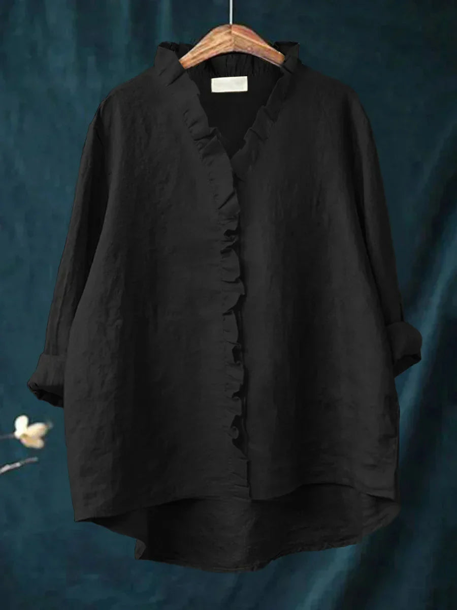 Femme Blouse Manches Longues à Volants col en V Oversize avec Boutons