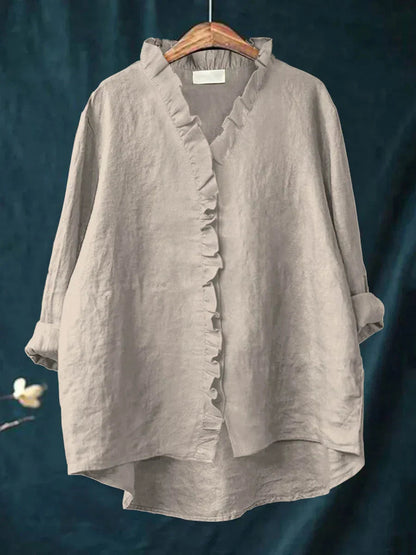 Femme Blouse Manches Longues à Volants col en V Oversize avec Boutons