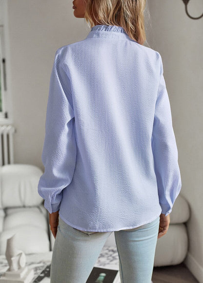 Femme Blouse Manches Longues à Volants et Col Froncé avec Boutonnage