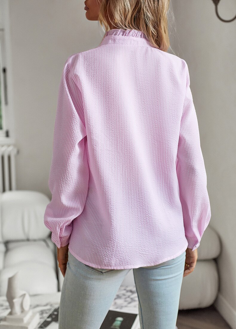 Femme Blouse Manches Longues à Volants et Col Froncé avec Boutonnage
