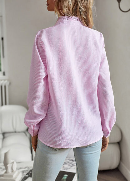 Femme Blouse Manches Longues à Volants et Col Froncé avec Boutonnage