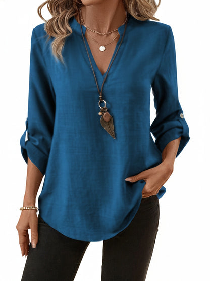 Femme Blouse Manches Longues avec Col en V et Bas Arrondi