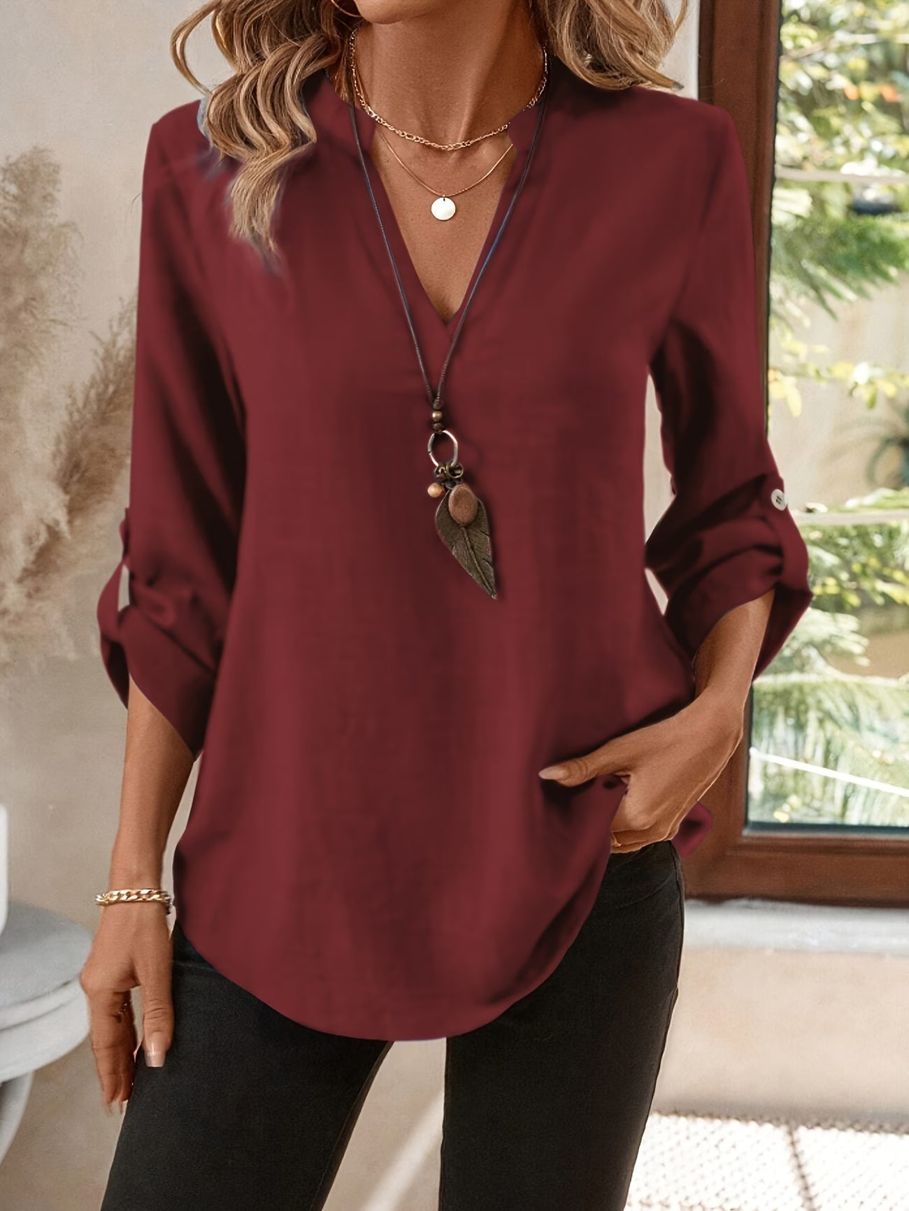 Femme Blouse Manches Longues avec Col en V et Bas Arrondi