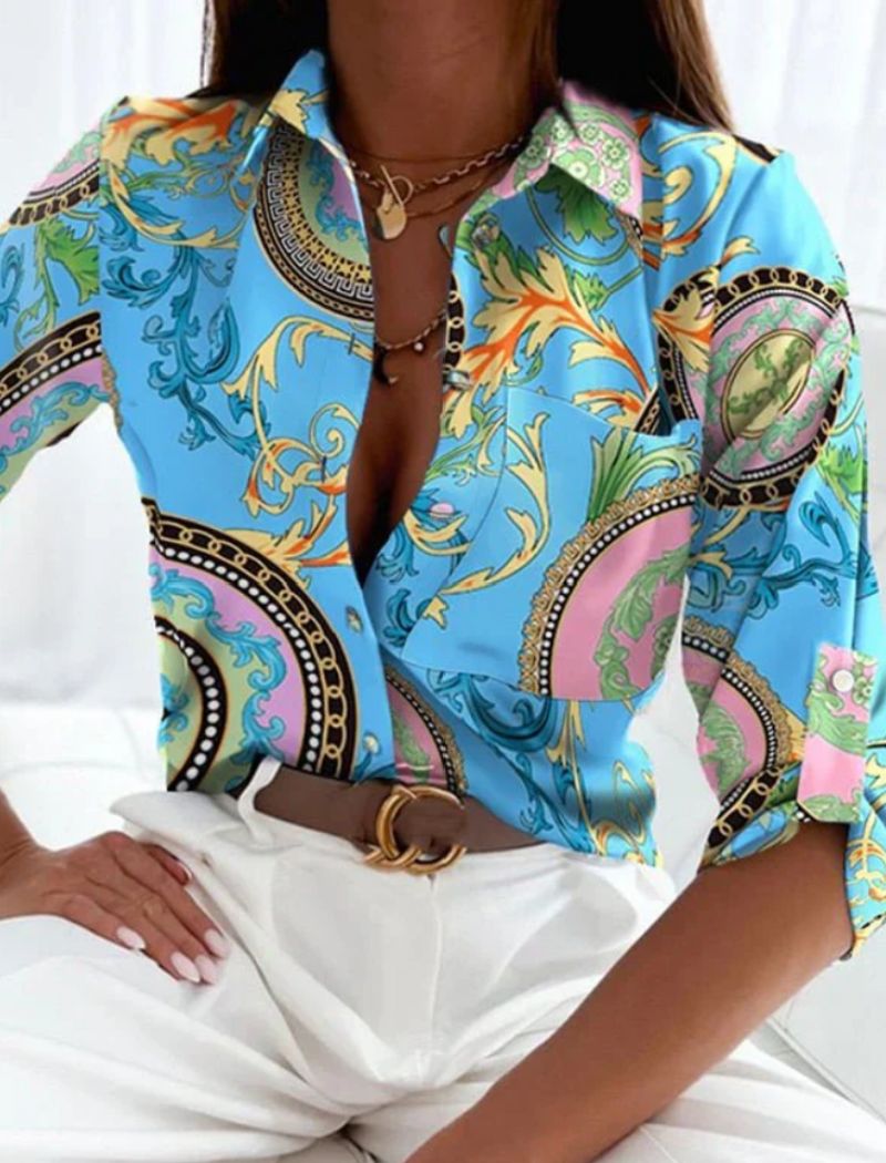 Femme Blouse Manches Longues avec Col Rabattu et Imprimé Graphique