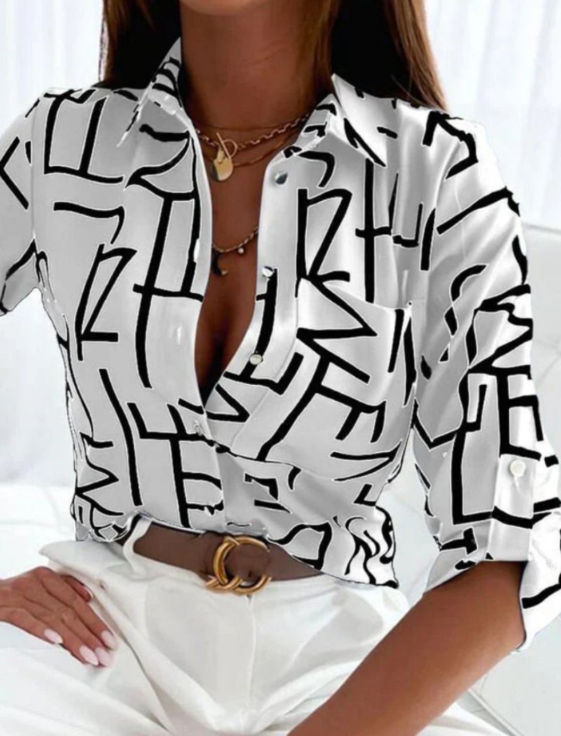 Femme Blouse Manches Longues avec Col Rabattu et Imprimé Graphique