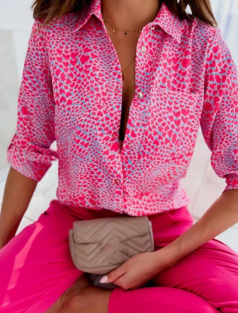 Femme Blouse Manches Longues avec Col Rabattu et Imprimé Graphique