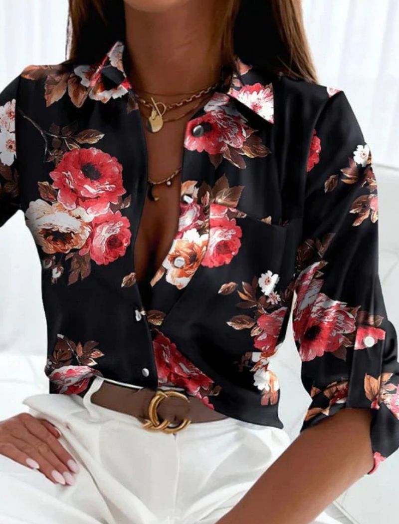 Femme Blouse Manches Longues avec Col Rabattu et Imprimé Graphique