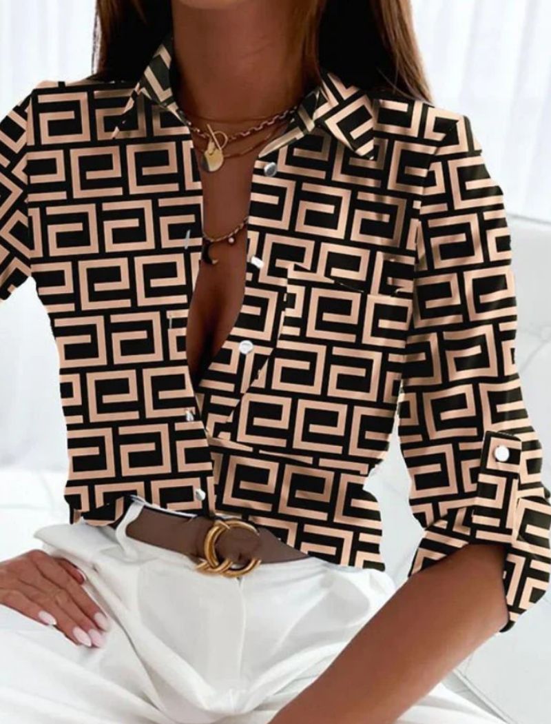 Femme Blouse Manches Longues avec Col Rabattu et Imprimé Graphique
